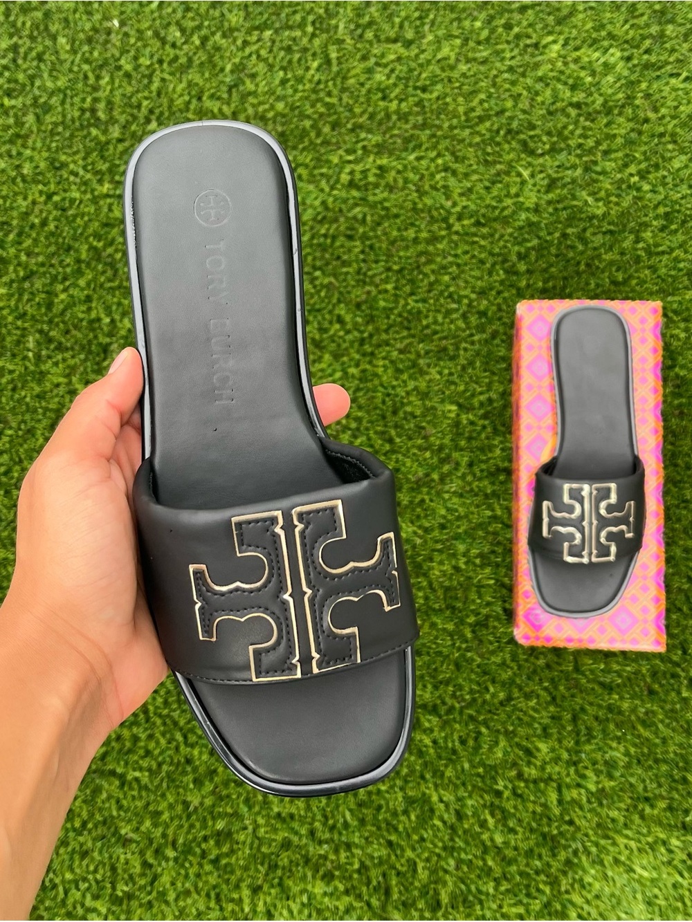Black Leather Logo Slide Designer Sandals
